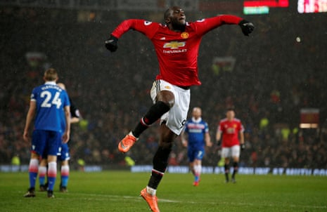Manchester United’s Romelu Lukaku celebrates scoring their third goal