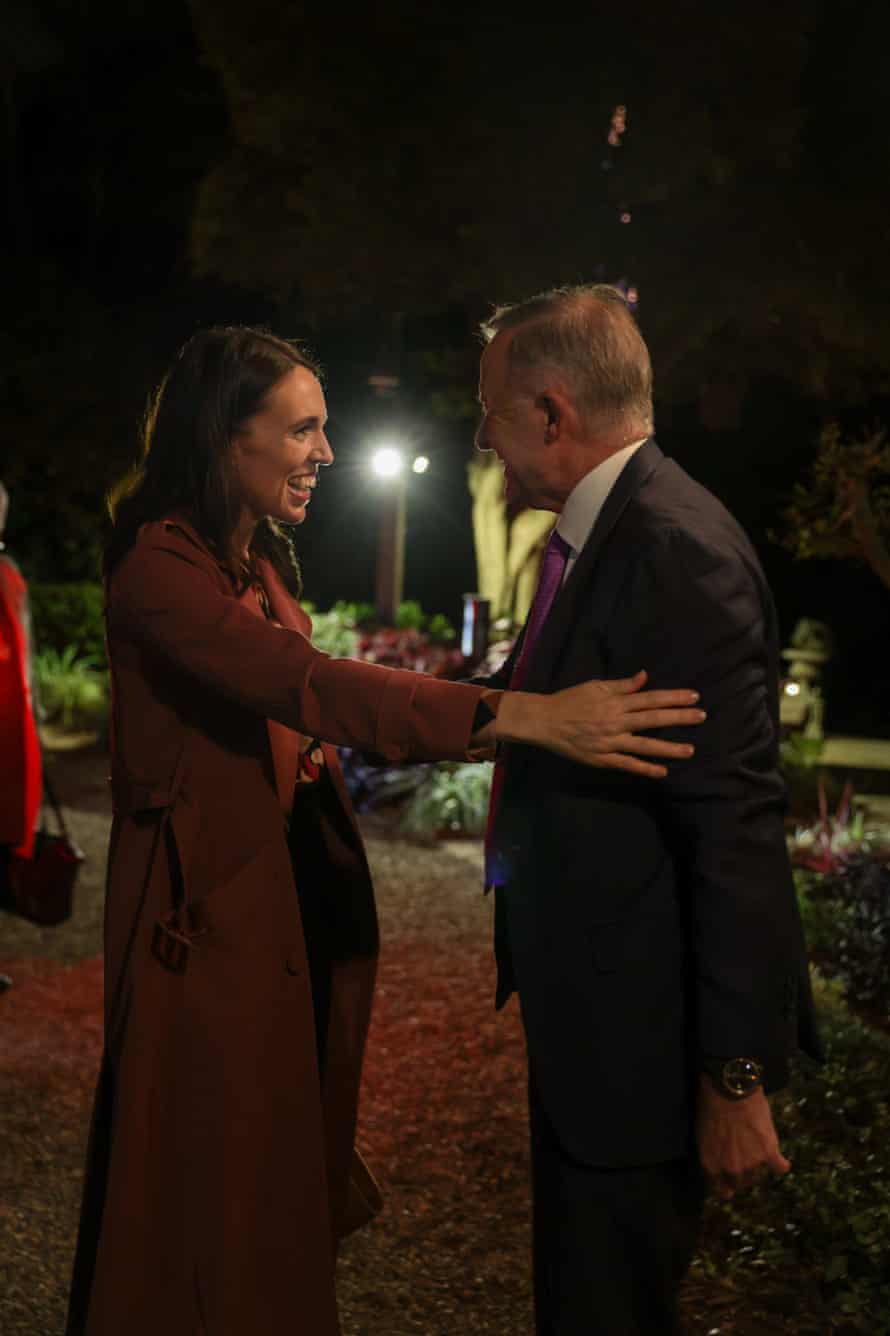 Jacinda Ardern greets Anthony Albanese on her arrival at Kirribilli House last night in this photo supplied by the prime minister’s office.