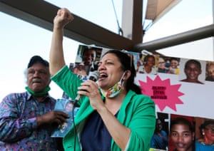 Representative Rashida Tlaib addresses a rally in Detroit, Michigan, on 6 June, protesting against racial inequality in the aftermath of George Floyd’s death.