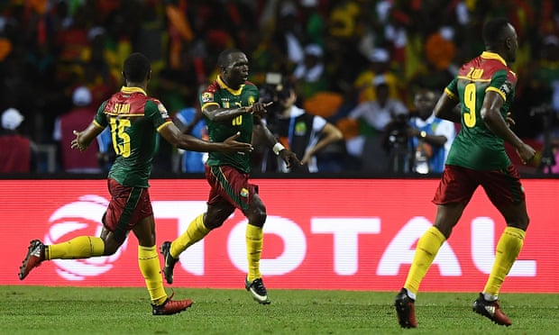 Cameroon’s Vincent Aboubakar, centre, celebrates scoring the winning goal against Egypt in the Africa Cup of Nations final.