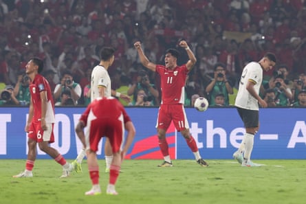 Ramadhan Sananta of Indonesia celebrates the 1-0 victory over China in Jakarta in June