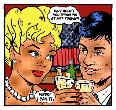 Liechtenstein-style cartoon of a couple toasting glasses with his speech bubble reading, "Why aren't you scowling? Frown!!" and her saying, "Yikes! I can't!"