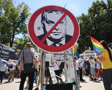 A protest sign depicting Viktor Orban.