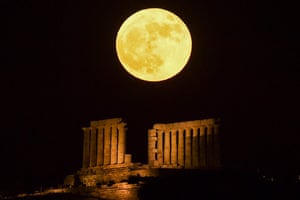 The ancient temple of Poseidon at Cape Sounion, about 40 miles south of Athens, Greece