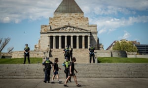 Victoria police patrol at Melbourne’s Shrine of Remembrance on 3 October.