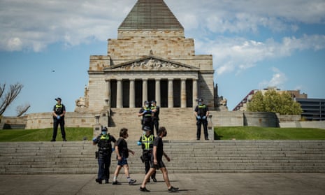 Victoria police patrol at Melbourne’s Shrine of Remembrance on 3 October.