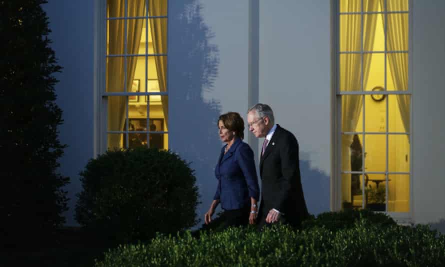 Pelosi and Reid walking among the shrubbery outside the familiar walls of the White House, with two deep vertical windows with yellow curtains framing them