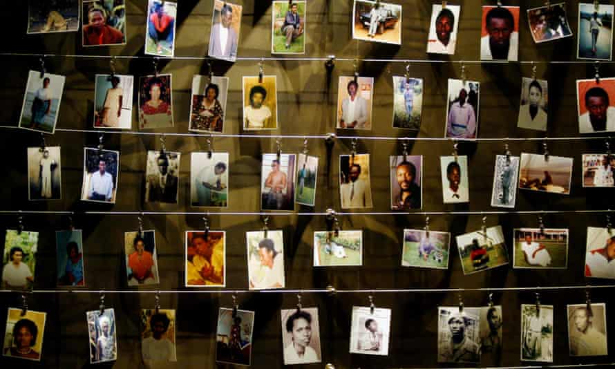 Pictures of murdered people donated by survivors of the 1994 genocide are installed on a wall inside the Gisozi memorial in Kigali, Rwanda.