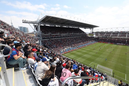 A view of fans sitting in the temporary stands installed at Toronto’s BMO Field.