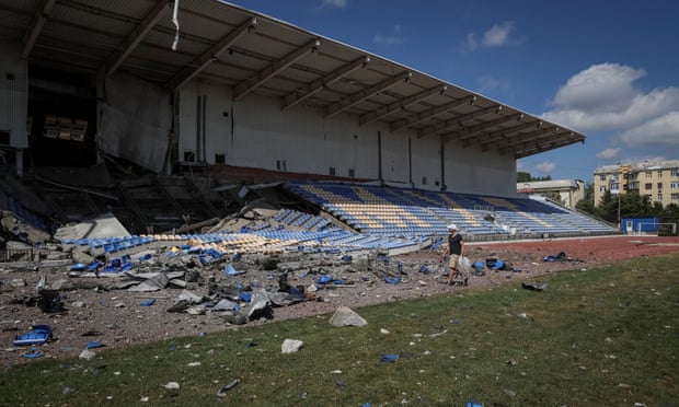 A sports stadium in Bakhmut, Ukraine, damaged by a Russian military strike