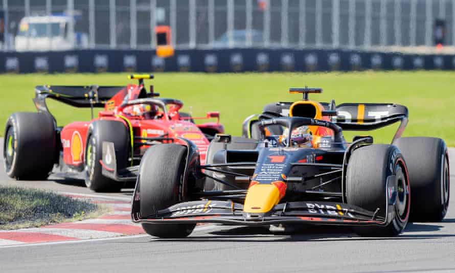 Red Bull’s Max Verstappen pictured driving in front of Ferrari’s Carlos Sainz during the Canadian Grand Prix.