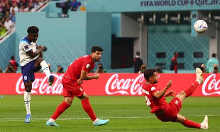 Bukayo Saka scores one of his two goals against Iran in the 2022 World Cup.
