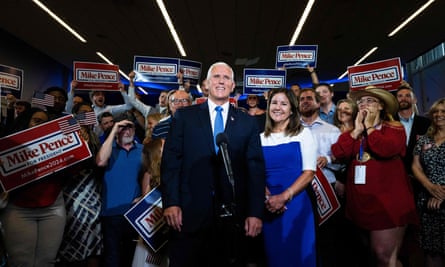 Karen Pence looks on as former US vice-president and 2024 presidential hopeful Mike Pence speaks to reporters after his campaign launch event in Des Moines, Iowa