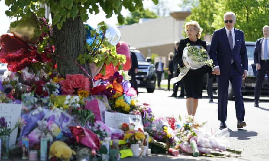 President Joe Biden and first lady Jill Biden visit the scene of Saturday’s supermarket shooting to pay respects and speak to families of the victims.