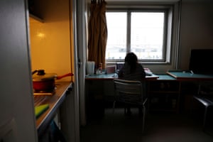 Chaimae Irfaq, 24, business student, attends a virtual class in her room at a CROUS student residence in Paris, France, on 18 February, 2021.