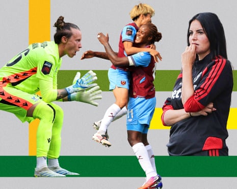 Crystal Palace goalkeeper Pauline Peyraud Magnin, West Ham's Riko Ueki and Kelly Gago, Manchester United head coach Eva Olid.