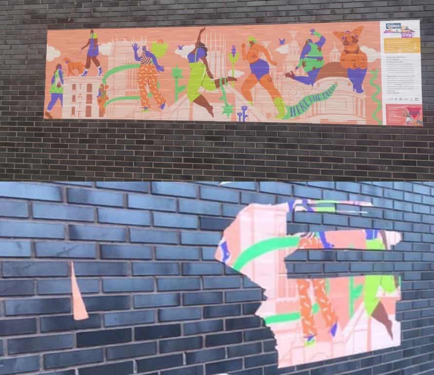 Rosa Kusabbi’s artwork Hate Has No Place successful  Liverpool, top, and aft  it has been vandalised, below.