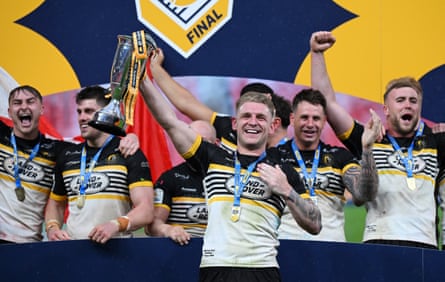 York Knights players lift the 1895 Cup afgter their win against Featherstone Rovers.