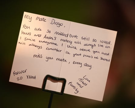 A tribute to Liverpool’s Diogo Jota left outside Anfield by Trent Alexander-Arnold of Real Madrid