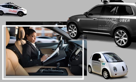 From left: a Cruise self-driving car; a woman reads inside an autonomous Volvo; a Waymo driverless vehicle.