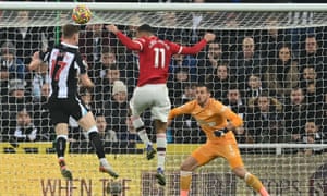 Manchester United’s English striker Mason Greenwood is unsuccessful with this headed attempt.