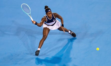 Coco Gauff hits a forehand.