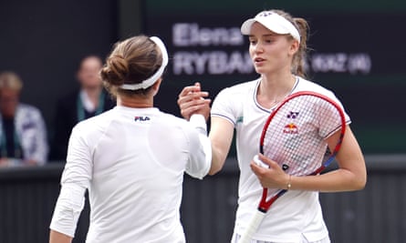 Elena Rybakina (right) shakes hands with Barbora Krejcikova after the match