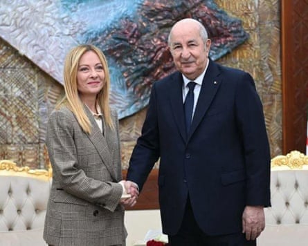 Algeria’s president, Abdelmadjid Tebboune, with Giorgia Meloni in Algiers