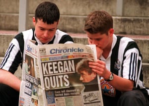Newcastle United fans at St James’ Park read news of Kevin Keegan’s shock resignation.