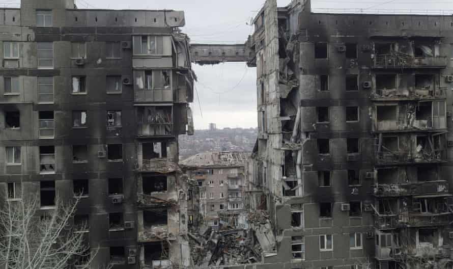 A destroyed building seen in the southern port city of Mariupol, Ukraine.