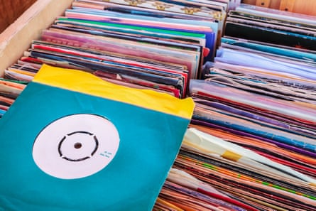 Vintage vinyl turntable records at a flea market