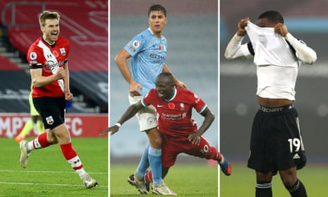 From left: Stuart Armstrong celebrates for Southampton, Rodri struggles to contain Sadio Mané, while Ademola Lookman contemplates his late chance for Fulham. 