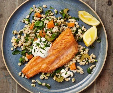 Yotam Ottolenghi’s hot smoked trout with pearl barley and soured cream.