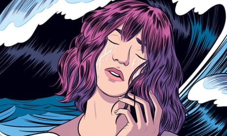 Illustration of a woman crying in front of a tidal wave