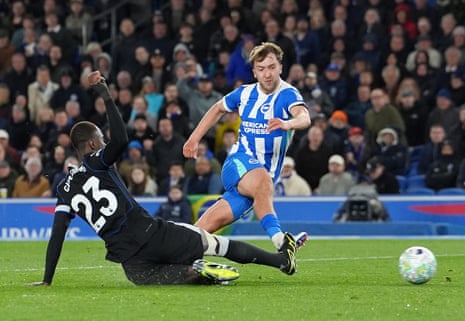 Jack Hinshelwood slots the ball home to double Brighton’s lead against Chelsea.