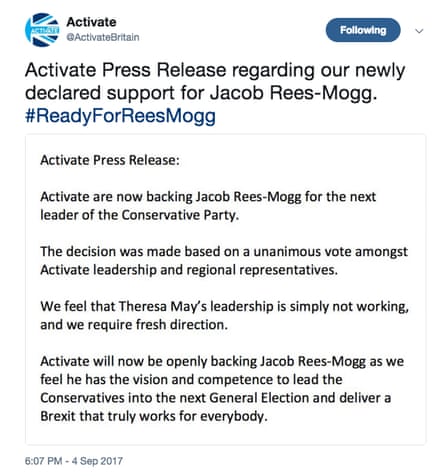 @ActivateBritain tweet claiming the group backs Rees-Mogg for PM