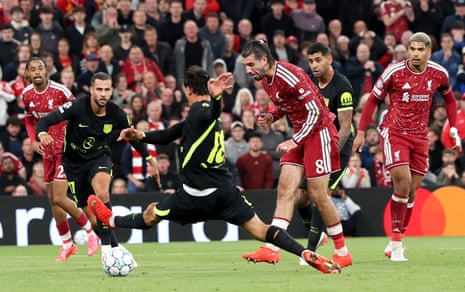 Dominik Szoboszlai fires home to level the scores at Liverpool.