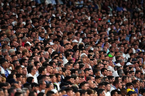 Real Madrid fans look on during the UEFA Champions League semi-final first leg match between Real Madrid and Manchester City.
