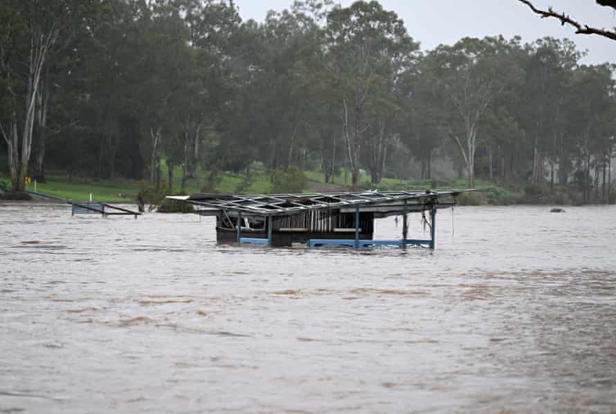 Recreational equipment is inundated by flood water in Ipswich.