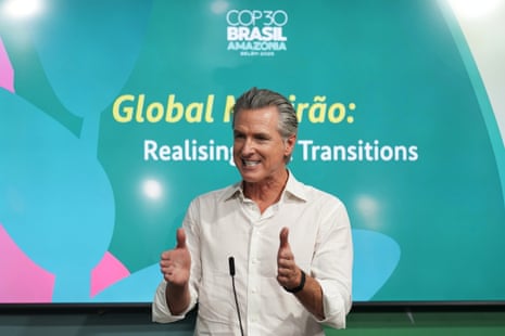 Gavin Newsom speaking during an event at the COP30 summit on Tuesday.
