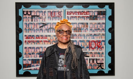 Artist Faith Ringgold in front of American People #19: US Postage Stamp at the Serpentine Galleries, London.