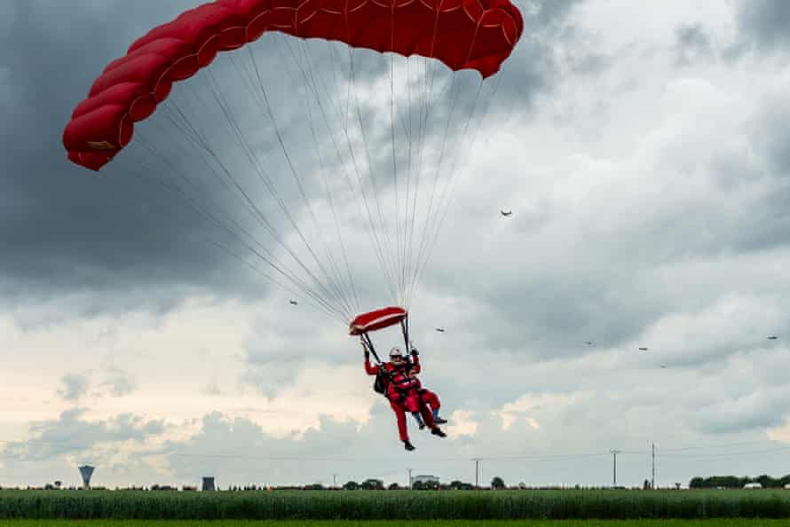 Harry Read lands after parachuting into Sannerville, Normandy, France