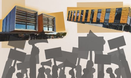 Composite illustration showing council buildings and silhouetted hands holding signs