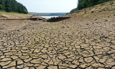 The dried out bed of the Thruscross reservoir in Harrogate, Yorkshire.
