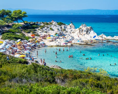 Beautiful Orange beach on the east coast of Sithonia peninsula, Halkidiki, Aegean sea, Greece.