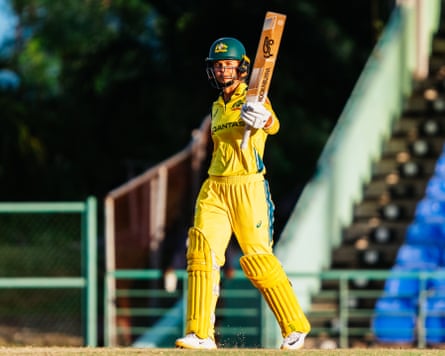 Phoebe Litchfield celebrates reaching a half-century during the third ODI between Australia and the West Indies in Saint Kitts and Nevis