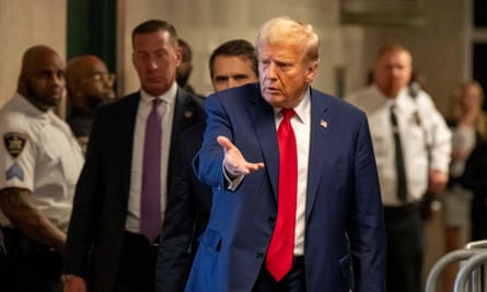 Donald Trump speaks to reporters as he leaves court in Manhattan on 25 April 2024.