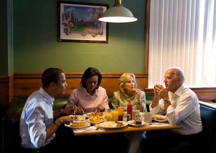 Barack and Michelle Obama have breakfast with Joe and Jill Biden, on their second day of campaigning together, in Ohio, August 2008