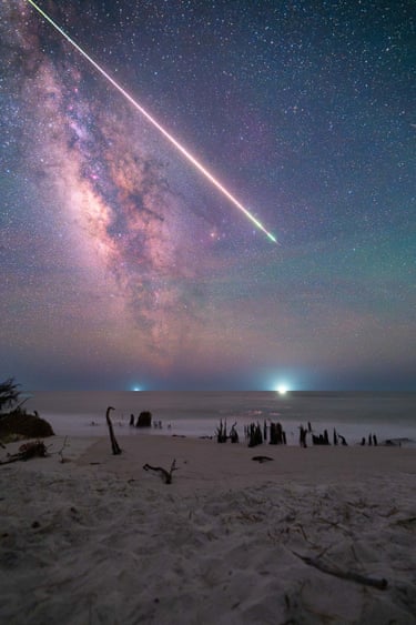 This single-exposure image became a reminder to always expect the unexpected in astrophotography. After setting up the sequence, I left the camera running and returned to my vehicle. Several hours later, shortly after midnight, I noticed the ground around me suddenly illuminated by a green glow, prompting me to look up. What followed was the largest meteor I have ever witnessed