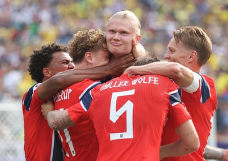 Erling Haaland celebrates his first extremity successful Norway’s triumph complete Brazil connected Sunday astatine nan New York/New Jersey Stadium.